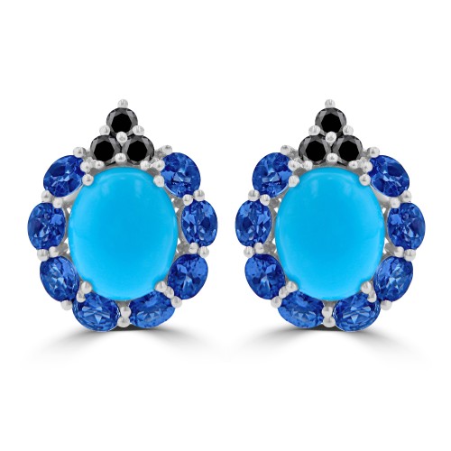 9.71 ct Oval Shaped Turquoise, Tanzanite and Black Diamond Earrings in 14 kt White Gold
